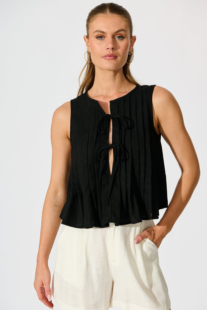 Destina Tie Front Top in Black Linen Blend