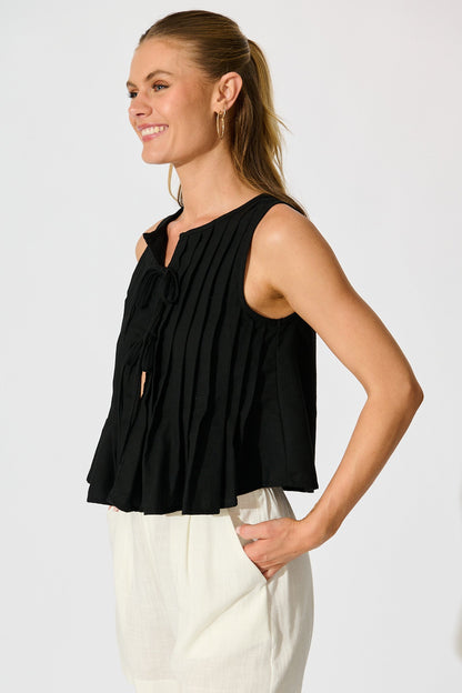 Destina Tie Front Top in Black Linen Blend
