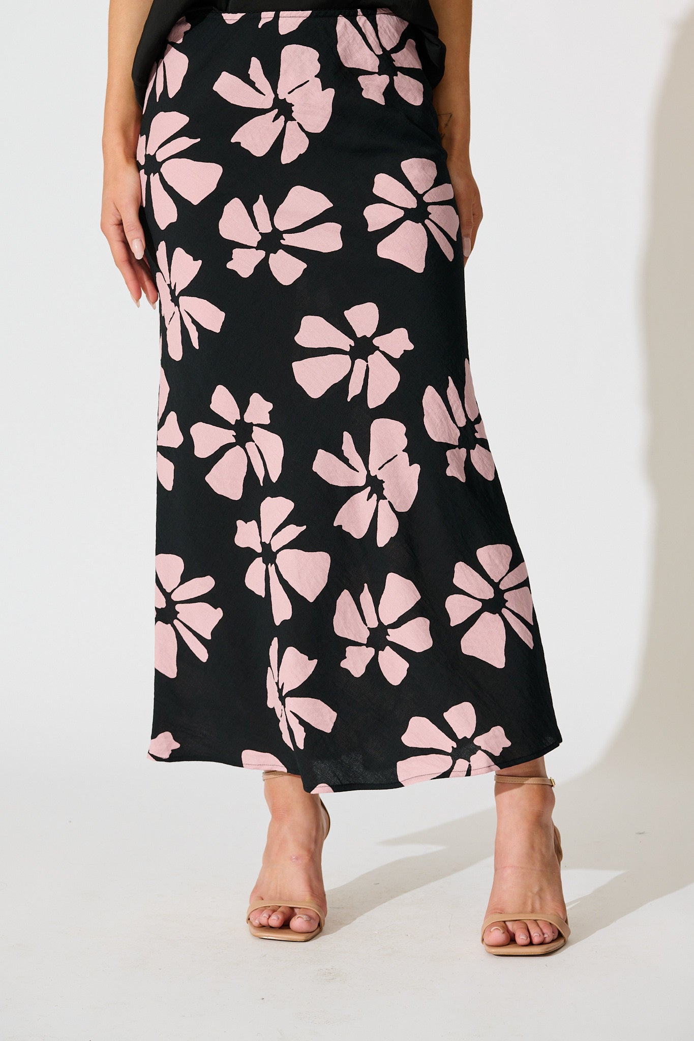 Lanah Maxi Skirt in Black with Pink Flower Print