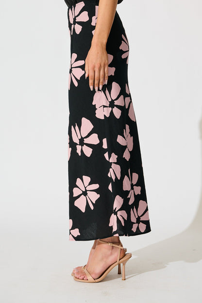 Lanah Maxi Skirt in Black with Pink Flower Print
