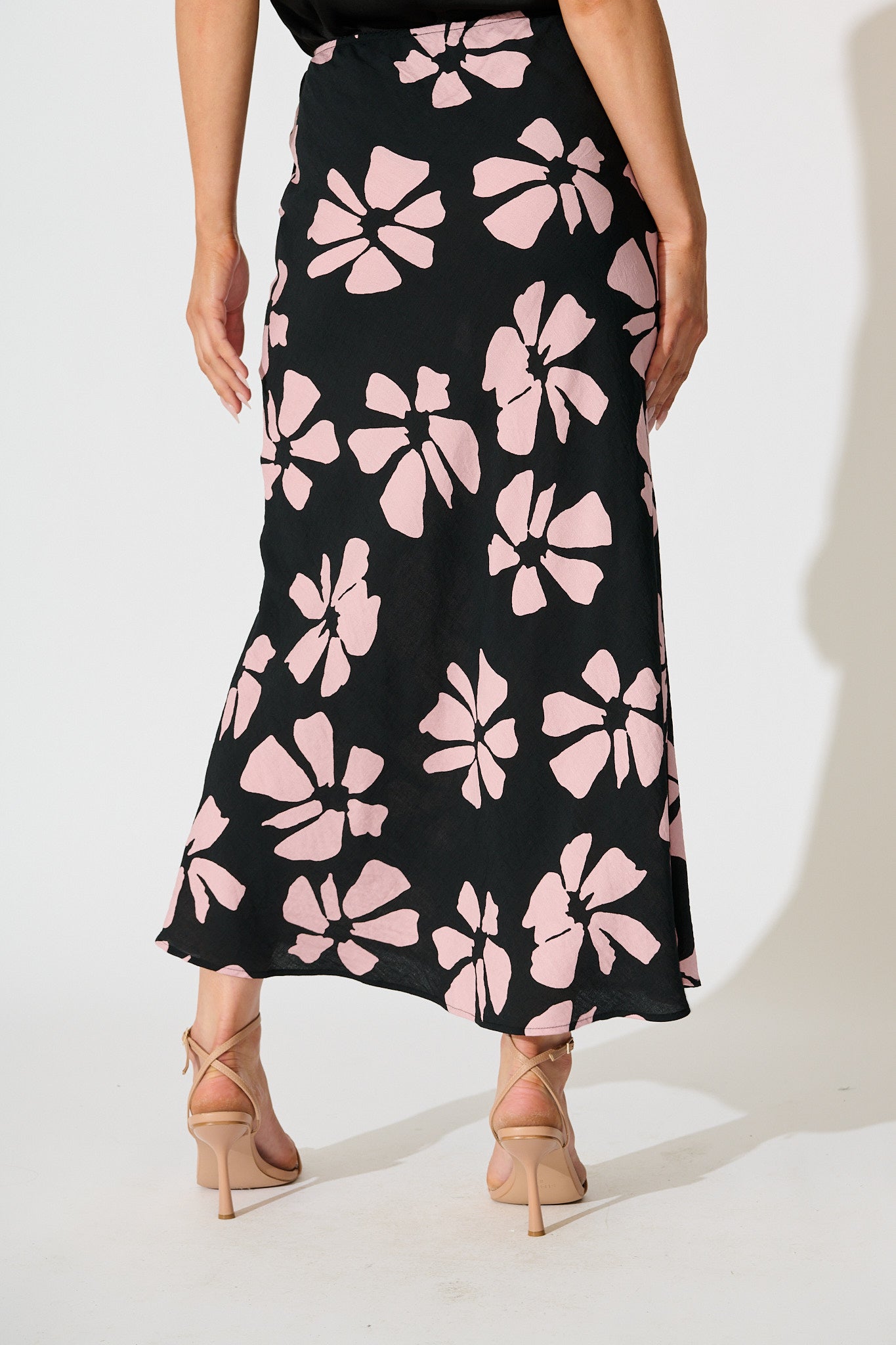 Lanah Maxi Skirt in Black with Pink Flower Print