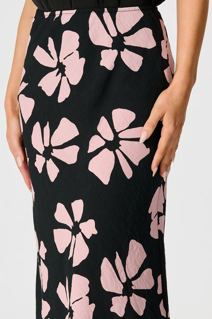 Lanah Maxi Skirt in Black with Pink Flower Print