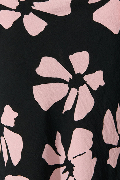 Lanah Maxi Skirt in Black with Pink Flower Print