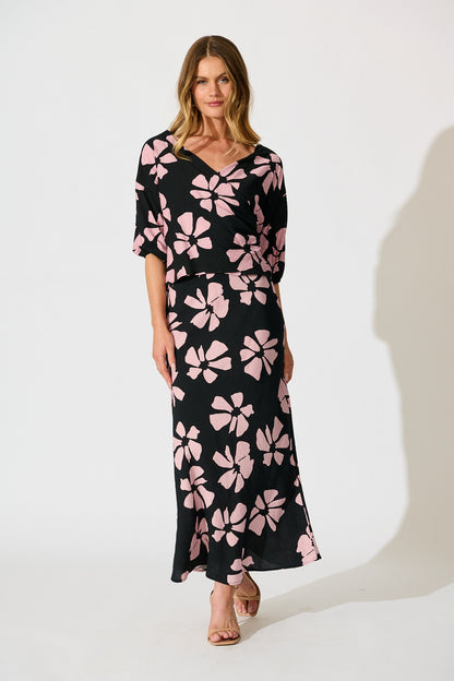 Lanah Maxi Skirt in Black with Pink Flower Print