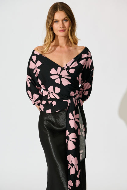 Rhylee Wrap Top in Black with Pink Flower Print