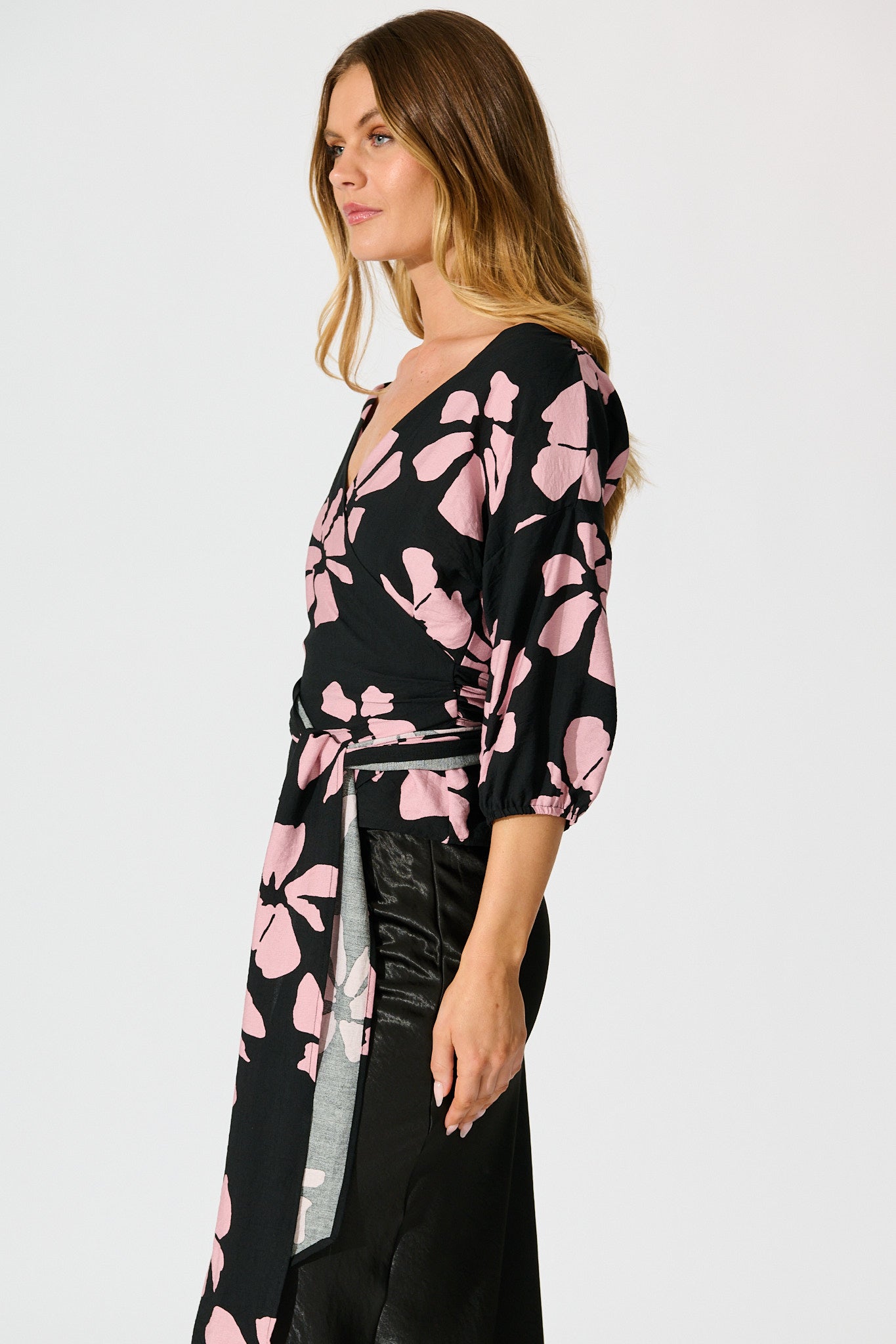Rhylee Wrap Top in Black with Pink Flower Print