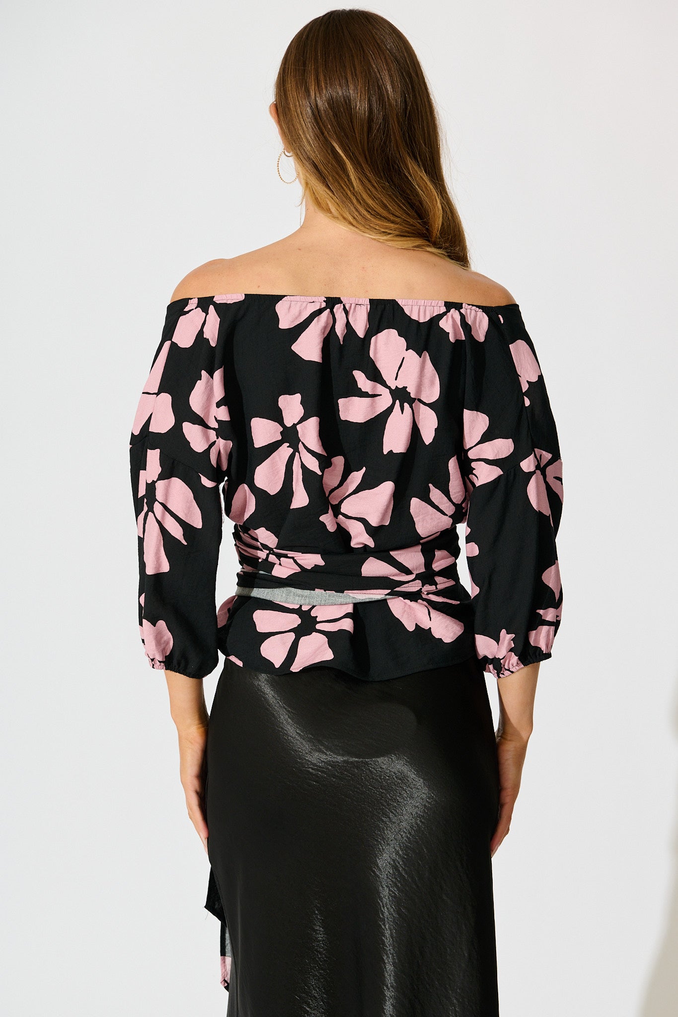 Rhylee Wrap Top in Black with Pink Flower Print