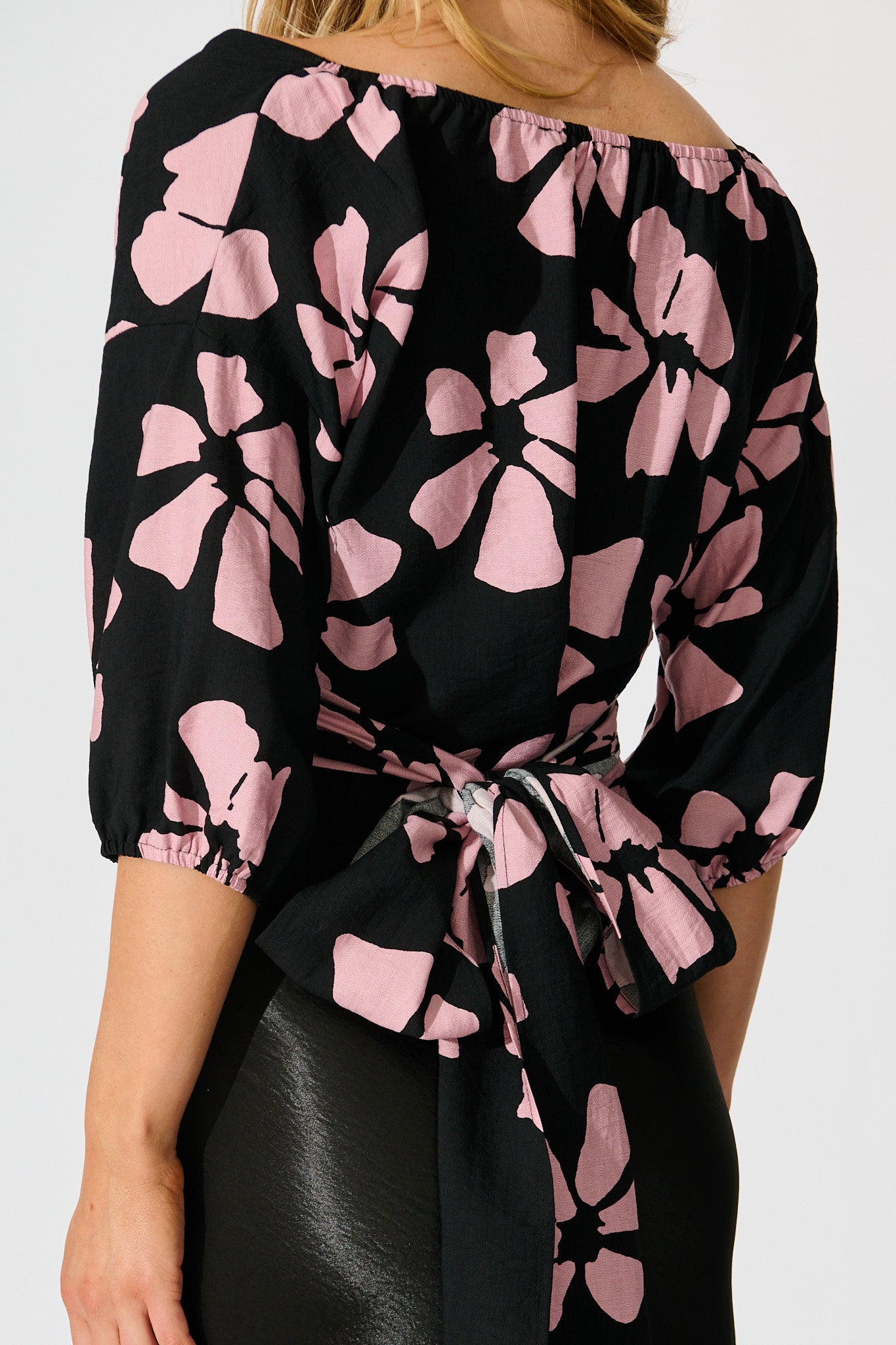 Rhylee Wrap Top in Black with Pink Flower Print