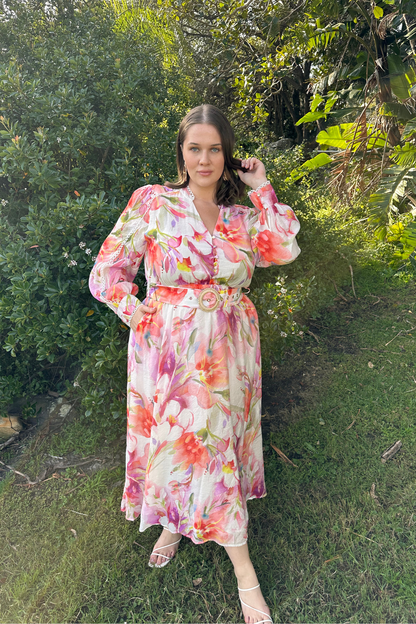 Petal Script Maxi Dress in White with Multi Floral