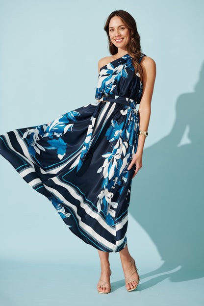 Bernadette One Shoulder Midi Dress in Navy with Floral Satin