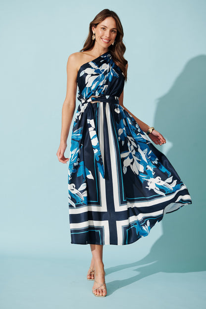 Bernadette One Shoulder Midi Dress in Navy with Floral Satin