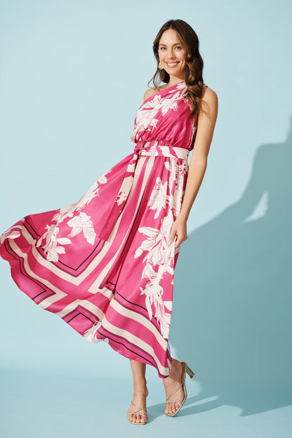 Bernadette One Shoulder Midi Dress in Magenta Floral Satin