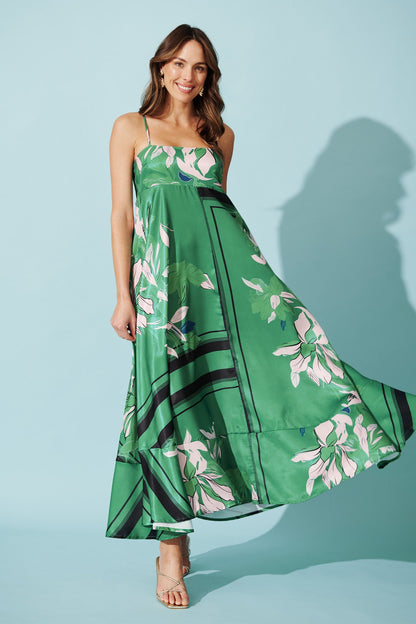 Ruthie Maxi Sundress in Emerald Print Satin