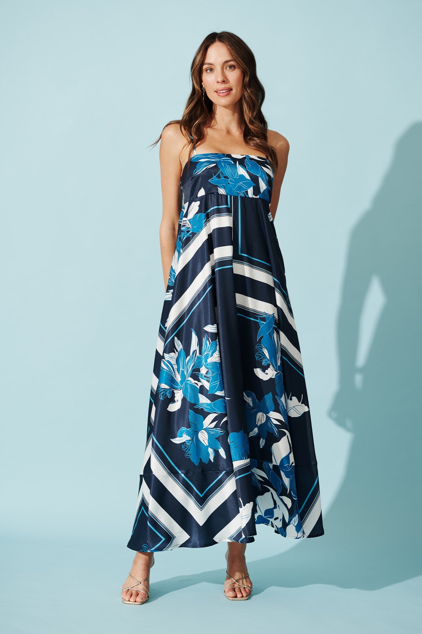 Ruthie Maxi Sundress in Navy Floral Satin