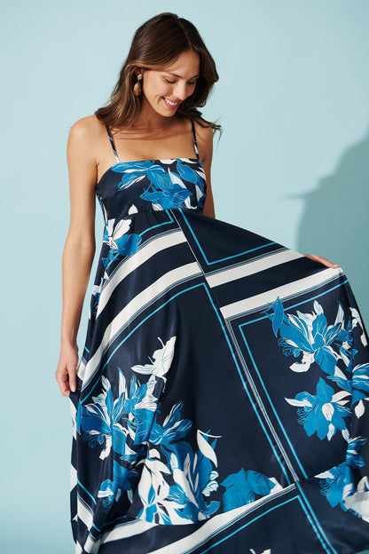 Ruthie Maxi Sundress in Navy Floral Satin