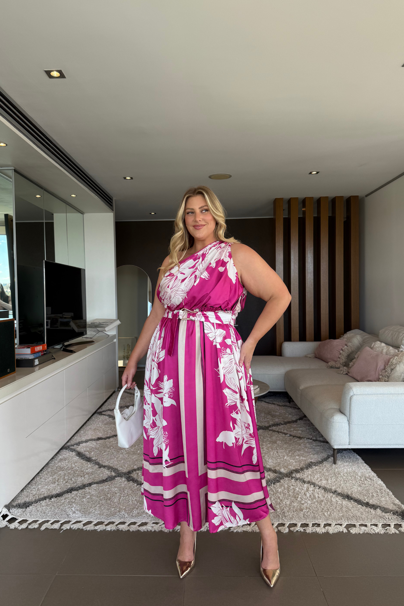 Bernadette One Shoulder Midi Dress in Magenta Floral Satin