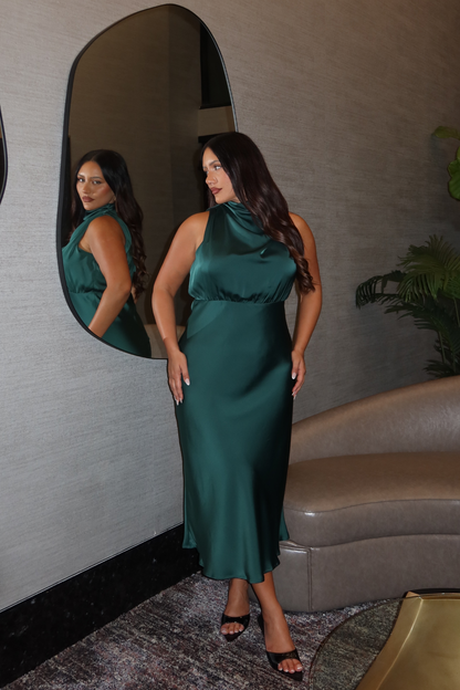 Vision of Love Midi Dress in Emerald Satin